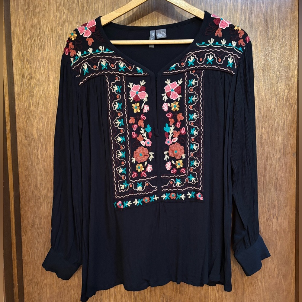 Boho Embroidered Black Shirt by ANU, size small.